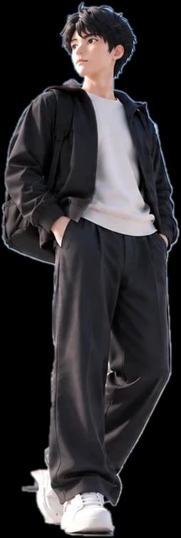 Model wearing a black overshirt, cream tee and wide black trousers
